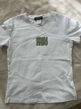 Miu Miu White Short Sleeve Tee with Green Embellished Logo